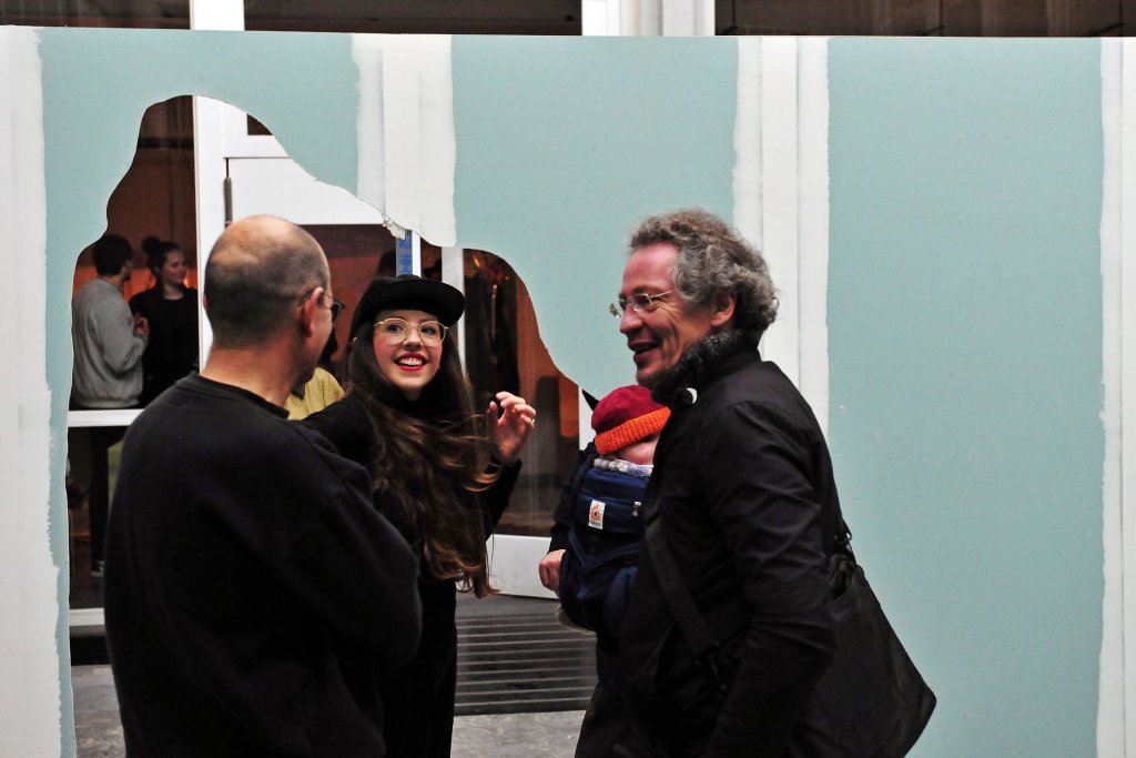 Felicity Hammond conversing with exhibition guests during the opening