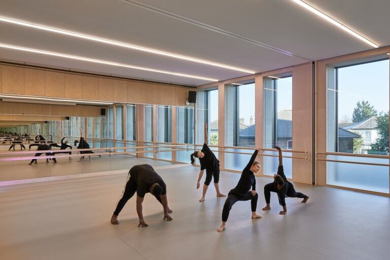 Students rehearsing modern dance on Harlequin floors at Kingston University
