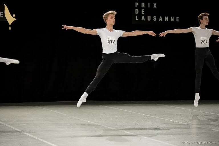 Detail of a male contestant dancing ballet