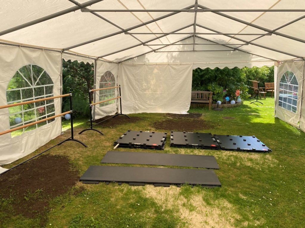 Harlequin Liberty HD sprung floor panels ready for outdoor installation
