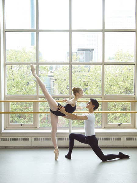 Two Boston Ballet School students dancing on Harlequin Cascade vinyl.