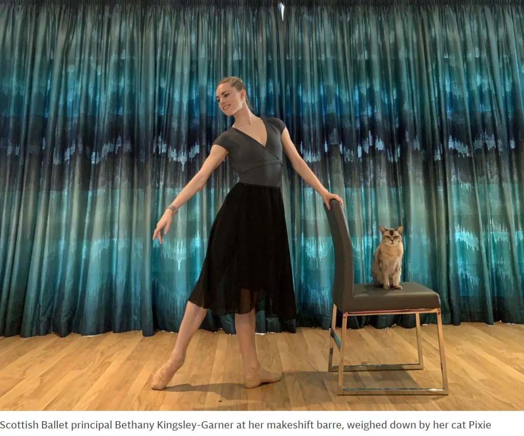 Scottish Ballet principal Bethany Kingsley-Garner at her makeshift barre, weighed down by her cat Pixie