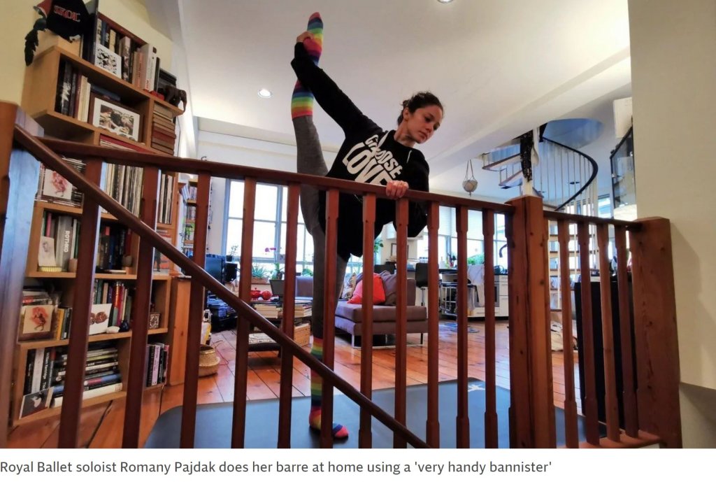 Royal Ballet soloist Romany Pajdak doing her barre at home